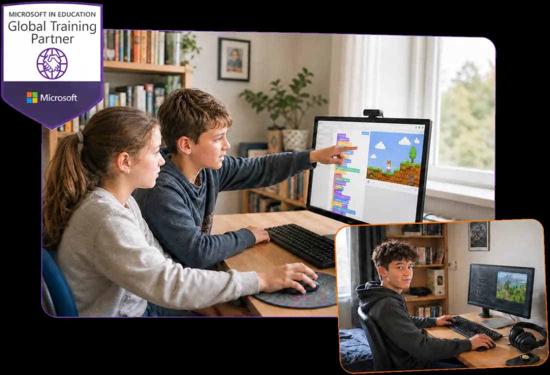 Bambino sorridente al laptop dopo una riuscita lezione del corso di programmazione