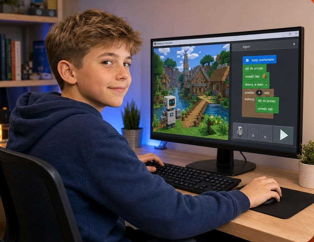 Bambino sorridente al laptop dopo una riuscita lezione del corso di programmazione